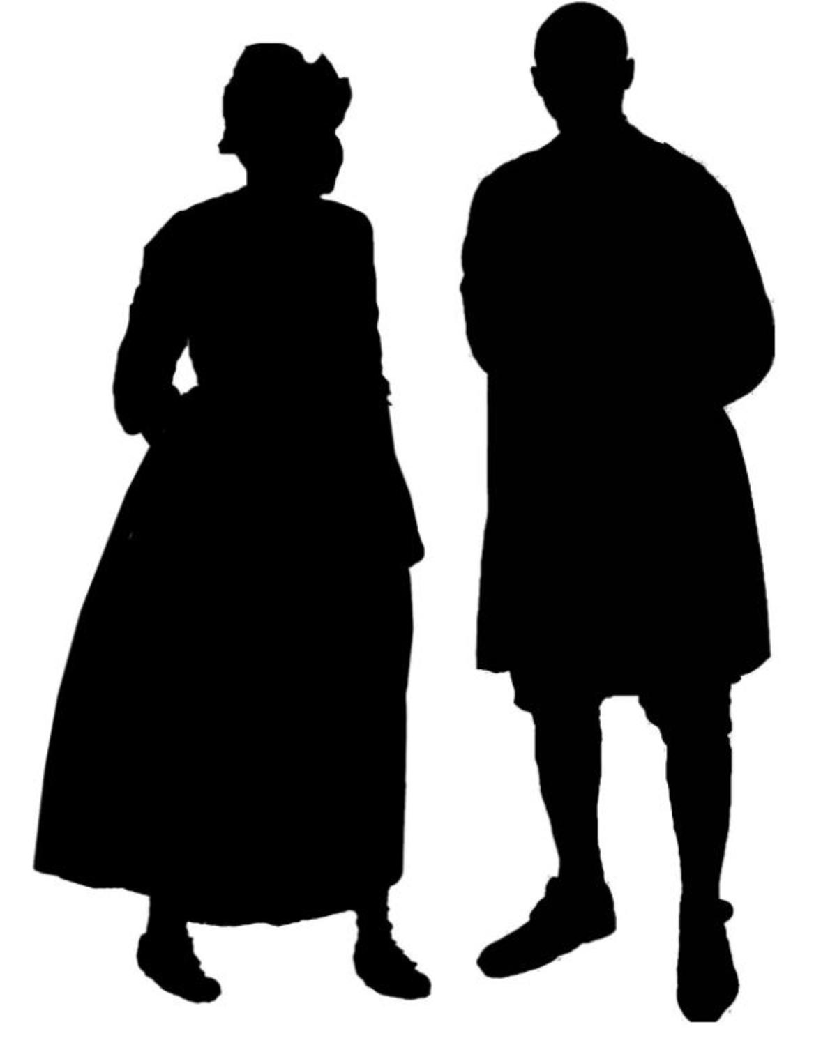 A silhouette of a man and a woman in 18th-century clothing.