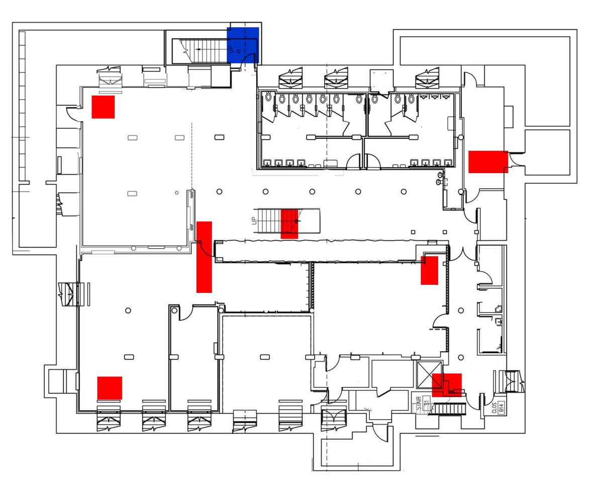 A blueprint of the basement level of Faneuil Hall showing the locations of the archaeological excavation units that were dug in 1991 and 2010.