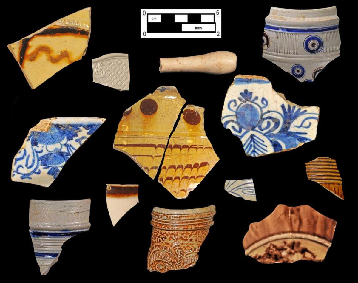 A photograph showing ceramic fragments dating from the 17th and early to mid 18th century.