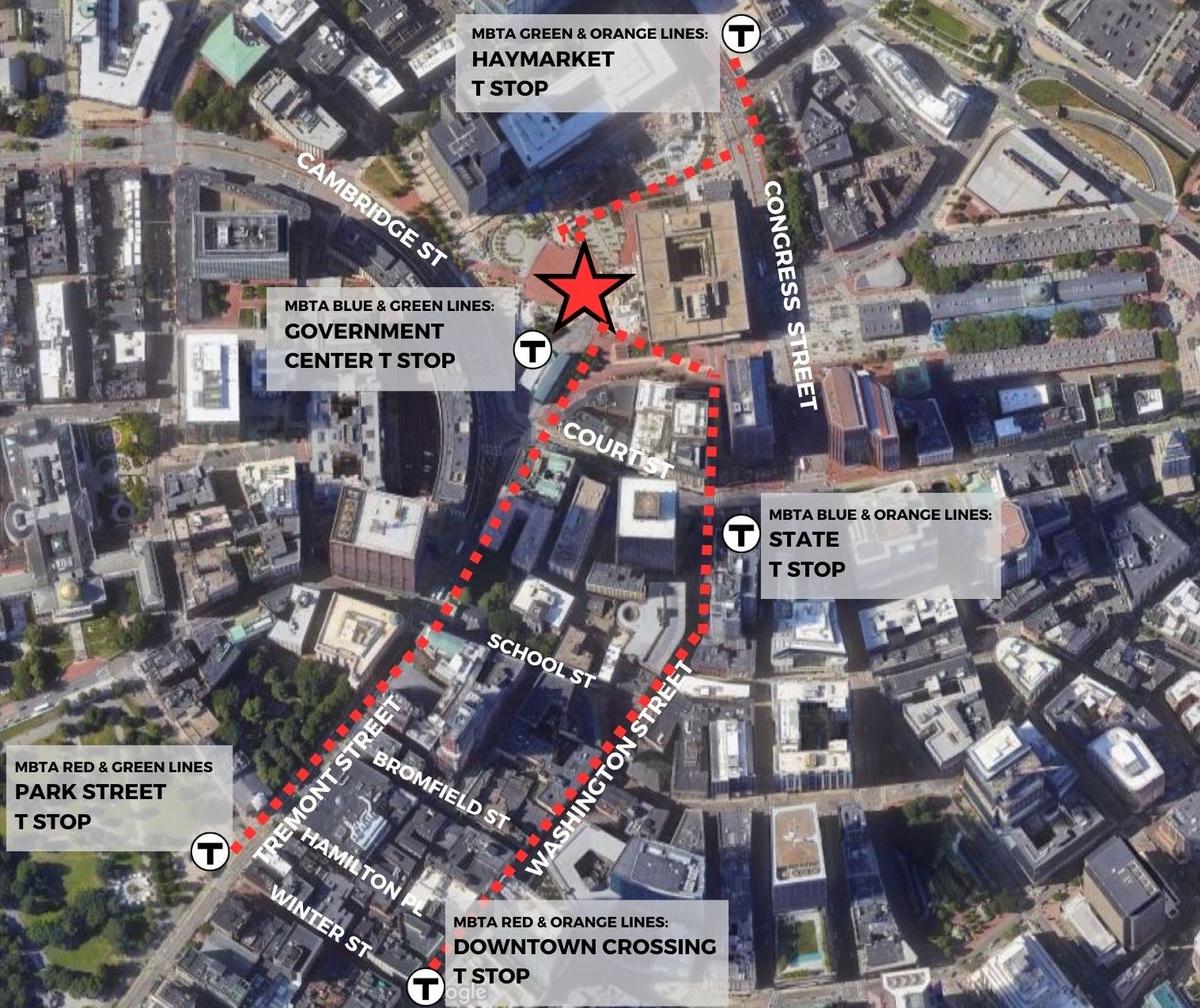 An aerial shows how people can walk from nearby MBTA stations to the event on City Hall Plaza