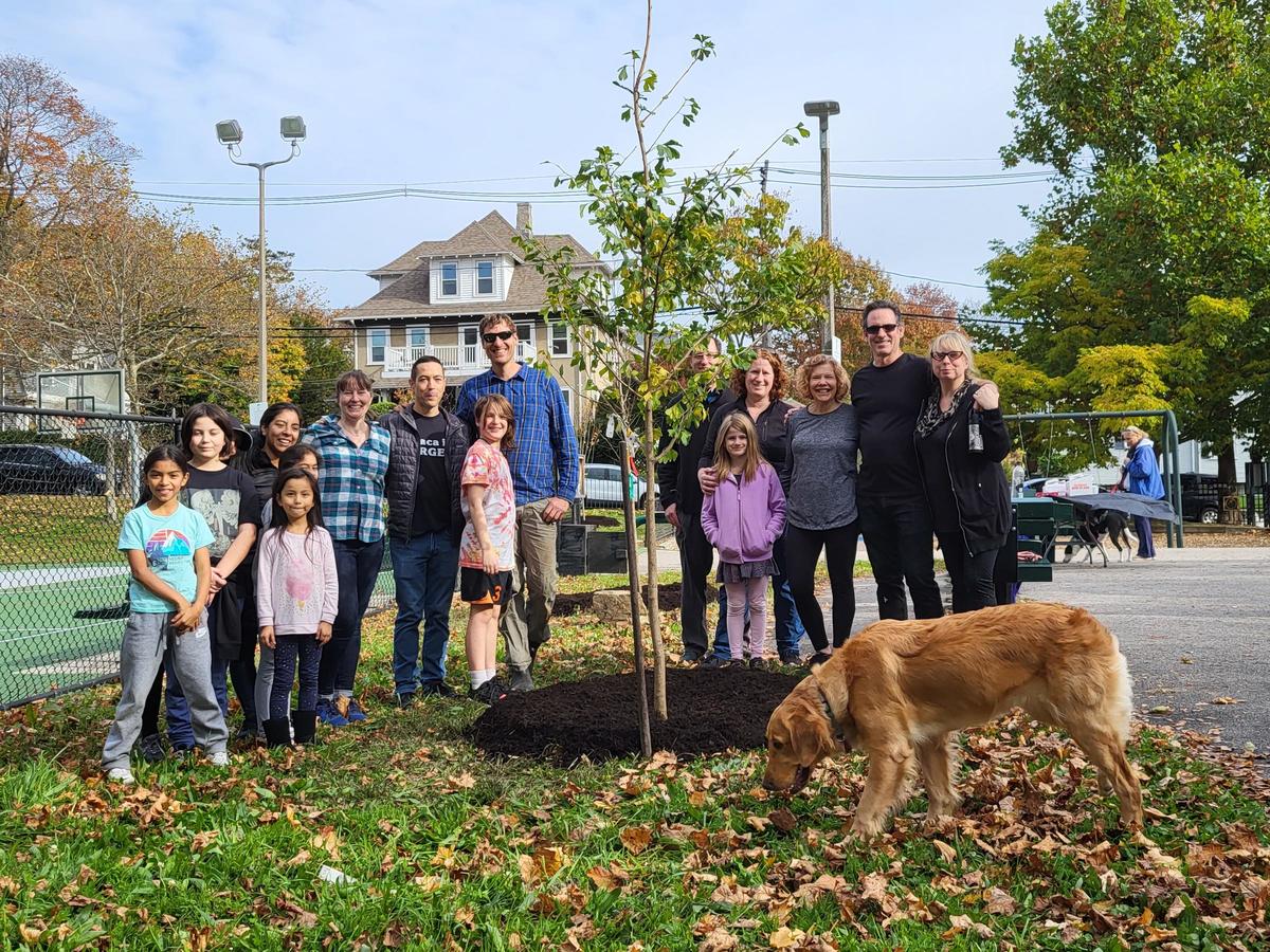 The group of volunteers stand proud around one of the newly planted trees. A golden retriever sniffs at leaves in the foreground.