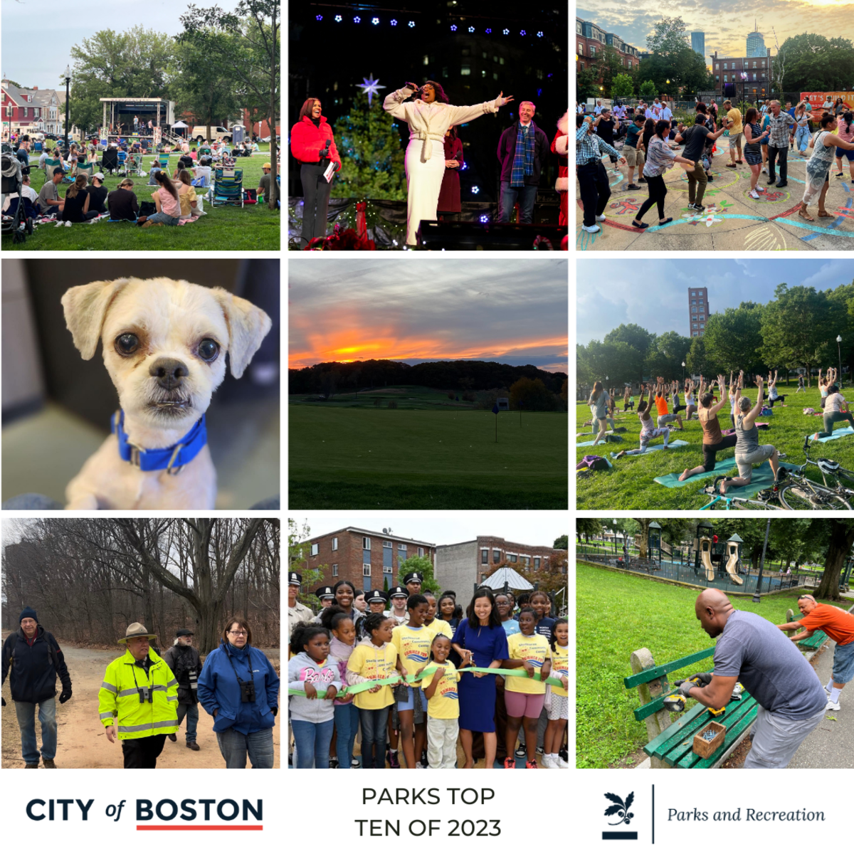 Highlight of images form top ten. Concert, holiday performance, dog, festival, park ranger, workers, yoga, ribbon cutting.