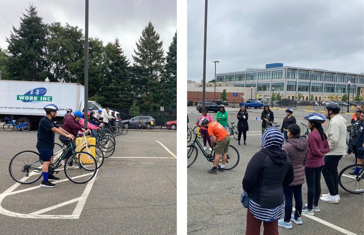 a photo of a group of adults learning how to bike