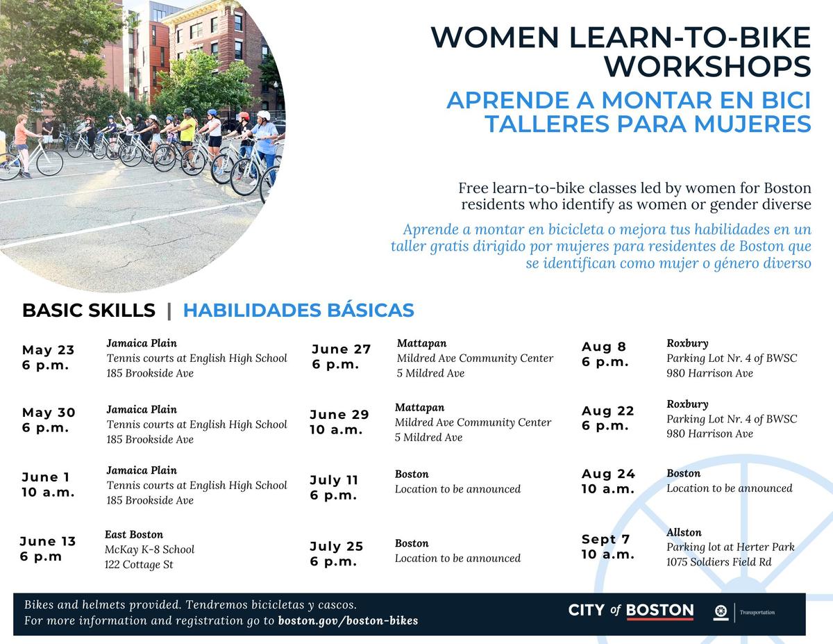 a flyer with workshops for bike workshops for women