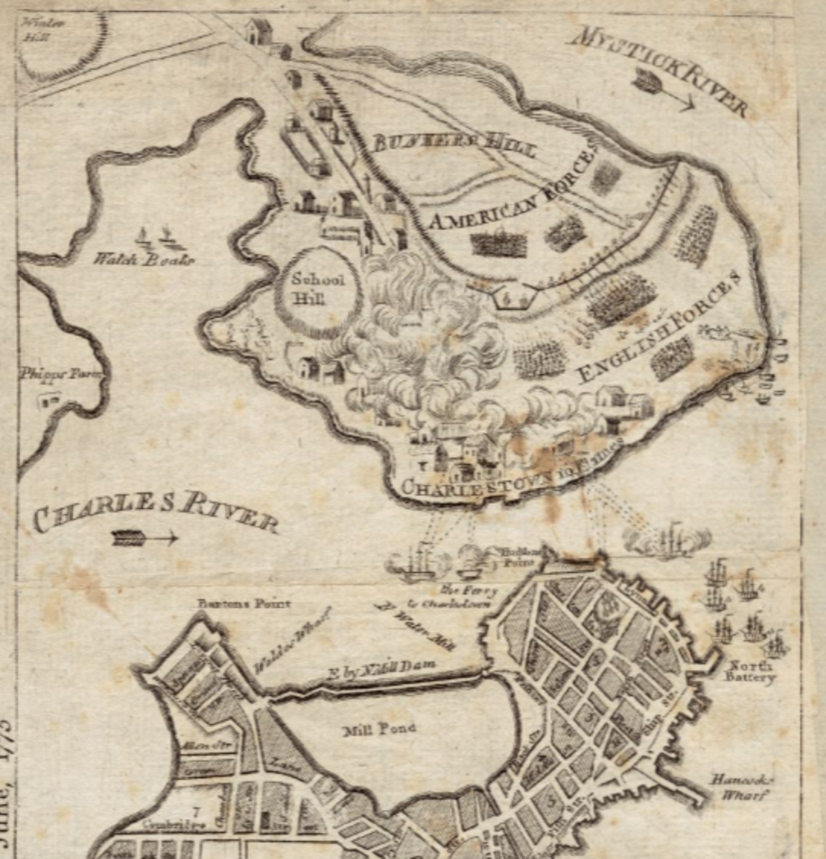 A 17th century map depicting Charlestown and Boston after the Battle of Bunker Hill in 1775.