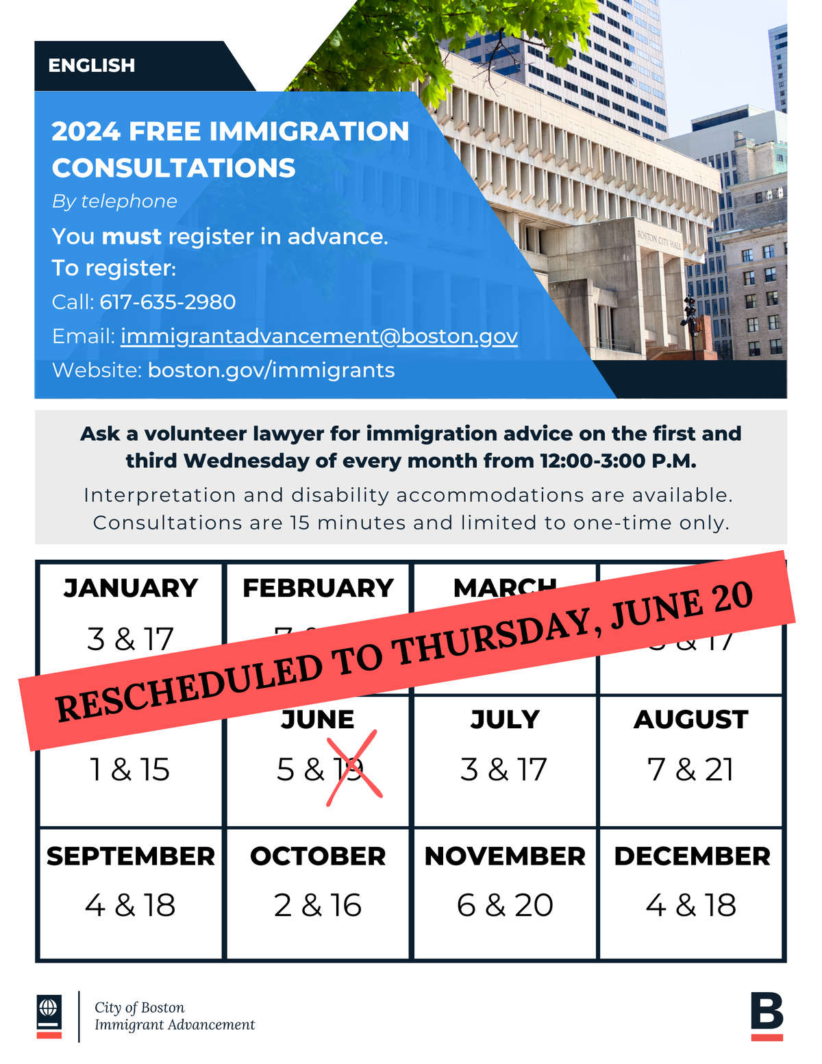 Flyer for Free Immigration Consultations program noting rescheduled date from June 19 to June 20