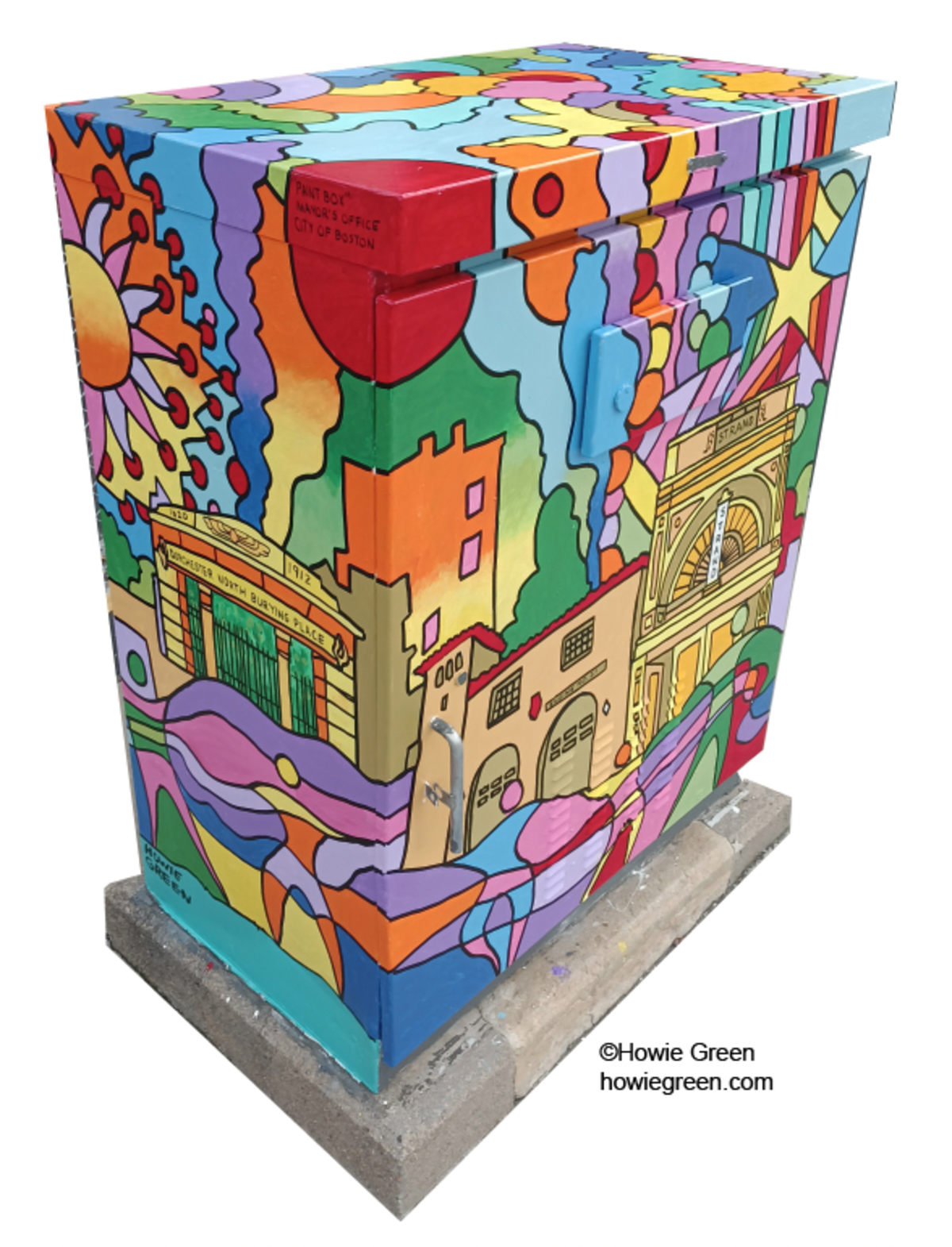 Utility box with a bright geometric painting of Uphams Corner