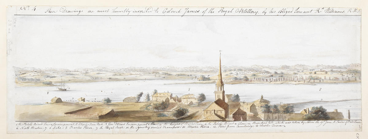 An illlustration of the view of Charlestown after the Battle of Bunker Hill in 1775 from the North End of Boston.