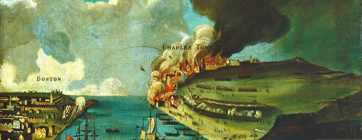 painting showing the town of Charlestown burning on July 17, 1775