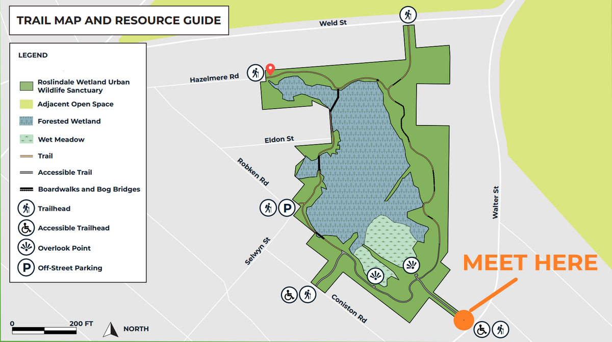 Map of the wetlands with meeting location on Walter Street marked.