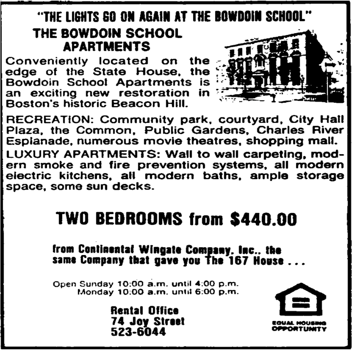 advertisement in the Boston globe, newly developed rental units at the Bowdoin School development 