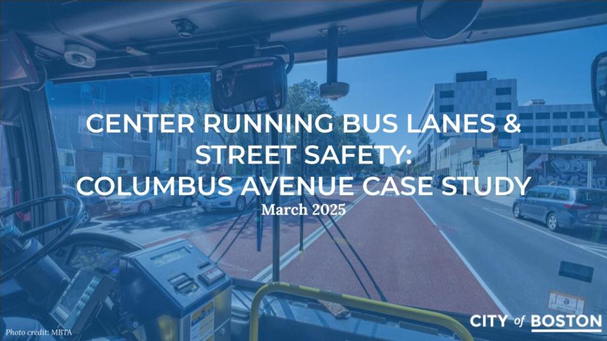 View from the front of a bus driving in the center-running lanes on Columbus Avenue with the text "Center Running Bus Lanes & Street Safety: Columbus Avenue Case Study" 