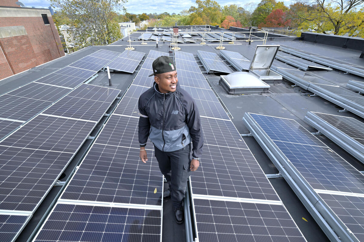 A solar array on top of the Dorchester Bay Economic Development Corporation affordable housing, funded by the Equitable Emissions Fund 
