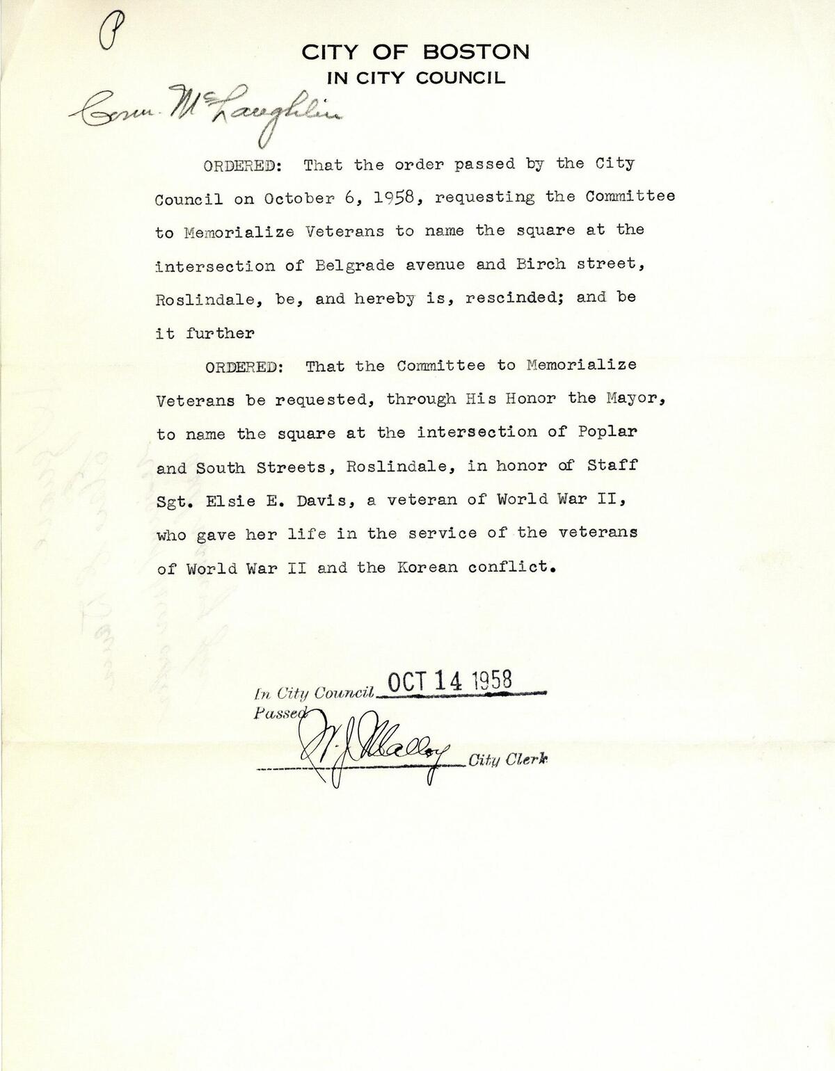 City Council order to name square in honor of Elsie Davis.