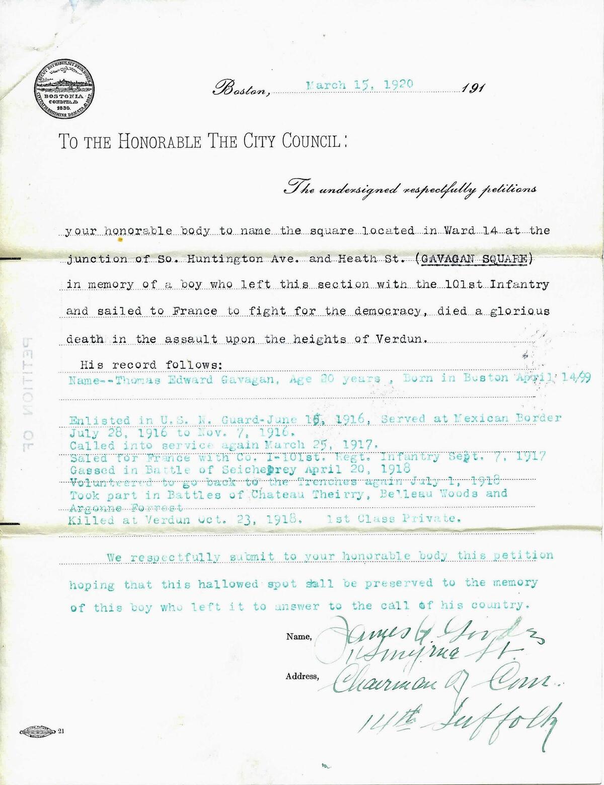 City Council order to name square in honor of Thomas A. Gavagan