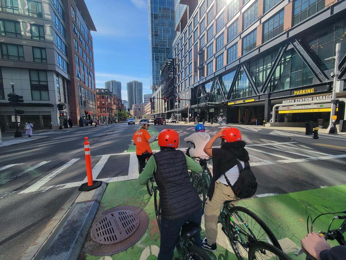 Workshop participants ride on Causeway Street during a Level 4 workshop