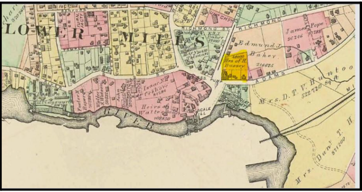 The Bussey House is the center of three houses highlighted in yellow on this excerpt from the 1874 Hopkins Atlas