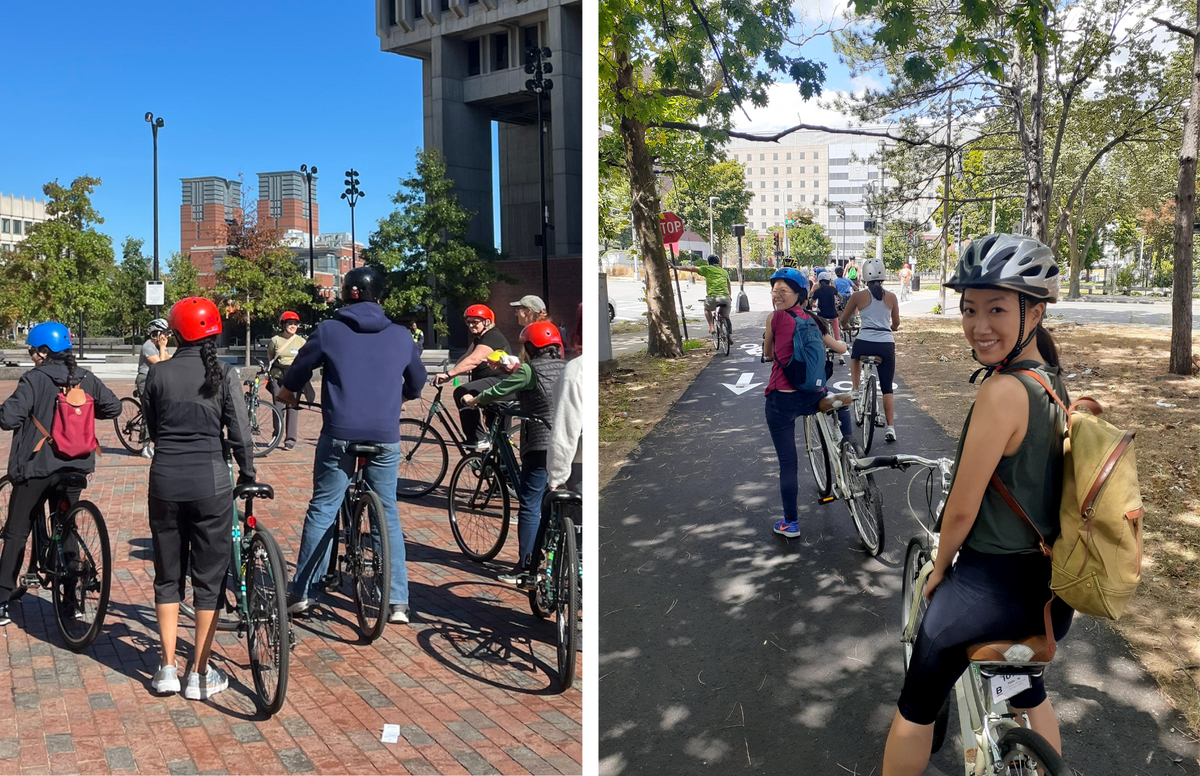 two side by side photos showing groups of adults learning intermediate biking skills