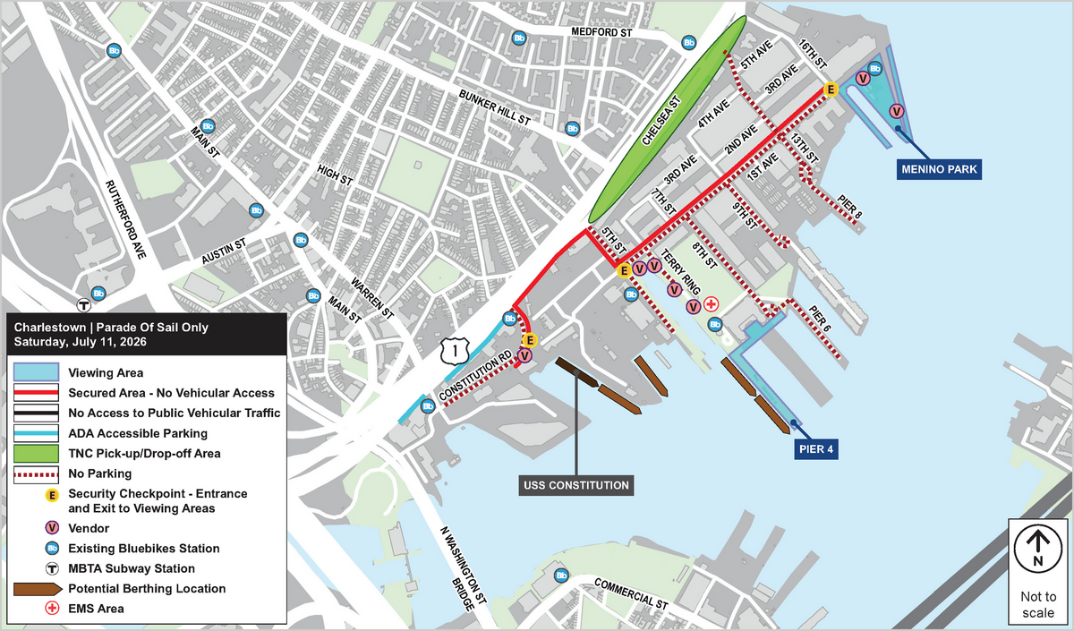 Charlestown Map of road closures and parking restrictions for Sail Boston 2026