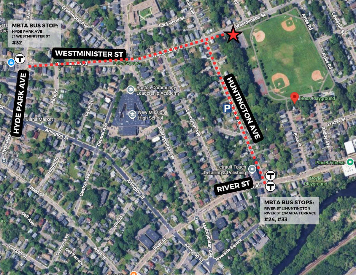 a satellite view with landmarks for the workshop site at Ross Playground in Hyde Park