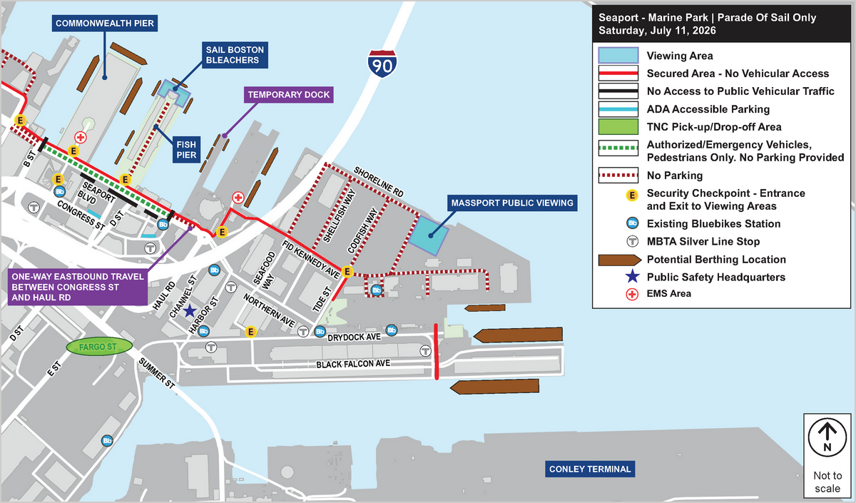 Seaport and Marine Park Map of parking restrictions and road closures Sail Boston 2026