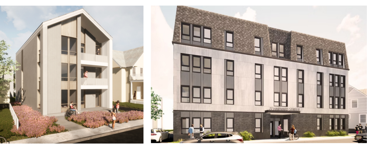 Digital rendering of 77 and 94 Harvard Street, two modern new condominium buildings.
