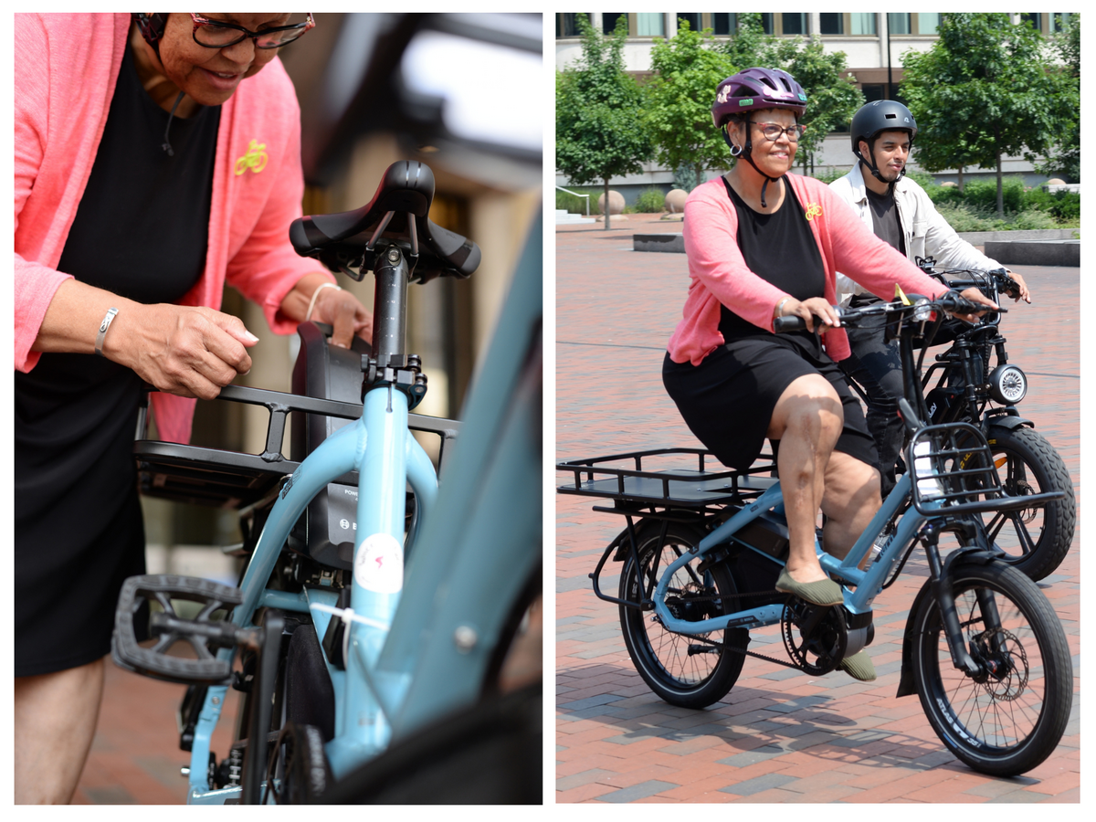 two photos of a woman trying out an e-bike