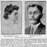 Boston Globe article on the Cannons’ anniversary reception, published December 30, 1911. Portraits of Sarah Cannon and George Cannon included above article. 