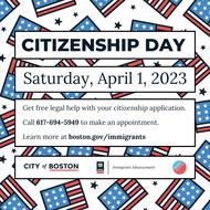 American flag pattern in the background with dark blue text promoting Citizenship Day on April 1, 2023.