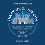 Blue background with a circular seal depicting iconic buildings in Boston with a sunburst effect growing from behind the buildings. The sunburst is in various blues. There is white text above the buildings that reads, "The State of the City" with translations of "State of the City" in five languages below the illustrations. There are two curved lines toward the bottom of the seal that curve into white text at the bottom that reads, "Boston". Above the seal is white text that reads, "Mayor Michelle Wu 吳弭".