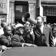 MLK Jr. holding a megaphone surrounding by cops and protesters at the 1965 Freedom Rally in Boston
