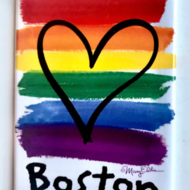 Magnet of LGBTQ flag with heart and Boston text