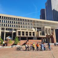 a group of workshop attendees at the City Hall plaza