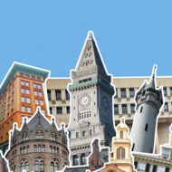 Collage of historic buildings in Boston.
