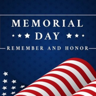 American flag on blue screen with Memorial Day text