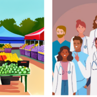 Collage of cartoon farmers market and doctors and nurses