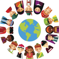 Cartoon images of people with flag on their shirts