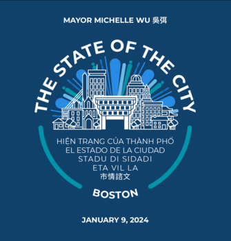 Blue background with a circular seal depicting iconic buildings in Boston with a sunburst effect growing from behind the buildings. The sunburst is in various blues. There is white text above the buildings that reads, "The State of the City" with translations of "State of the City" in five languages below the illustrations. There are two curved lines toward the bottom of the seal that curve into white text at the bottom that reads, "Boston". Above the seal is white text that reads, "Mayor Michelle Wu 吳弭".