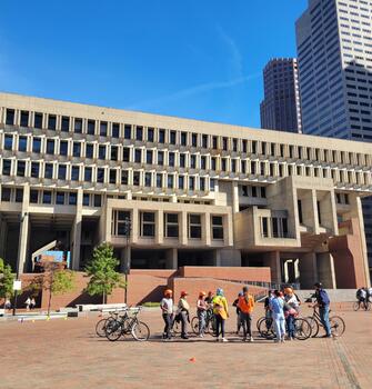 a group of workshop attendees at the City Hall plaza