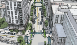 A hand drawn bird eye view depiction of the Harrison Avenue reconstruction project, showing existing mid-rise buildings surrounding a new, revitalized streetscape with trees, wider sidewalks, and separated bike lanes